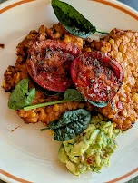 Sweet Corn Fritters with Roast Tomato Spinach and Bacon